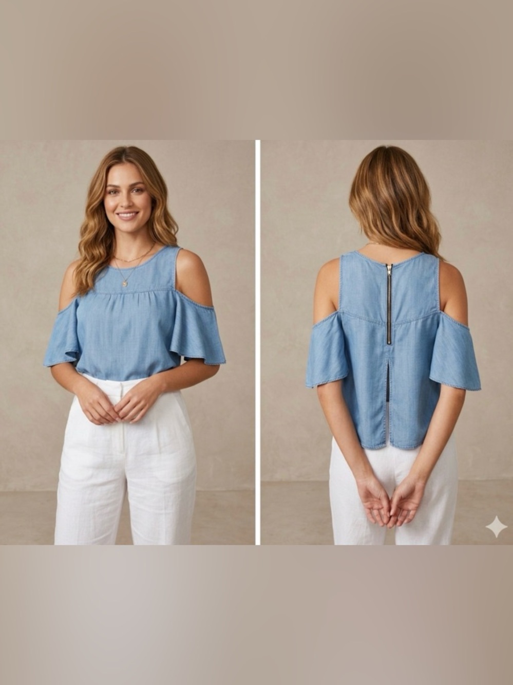 Guess Light Blue Cold-Shoulder Chambray Top with Back Zip
